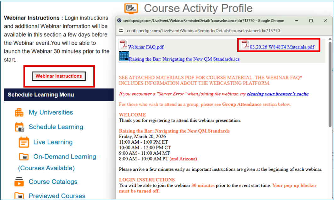 CPEdge Webinar Instructions page